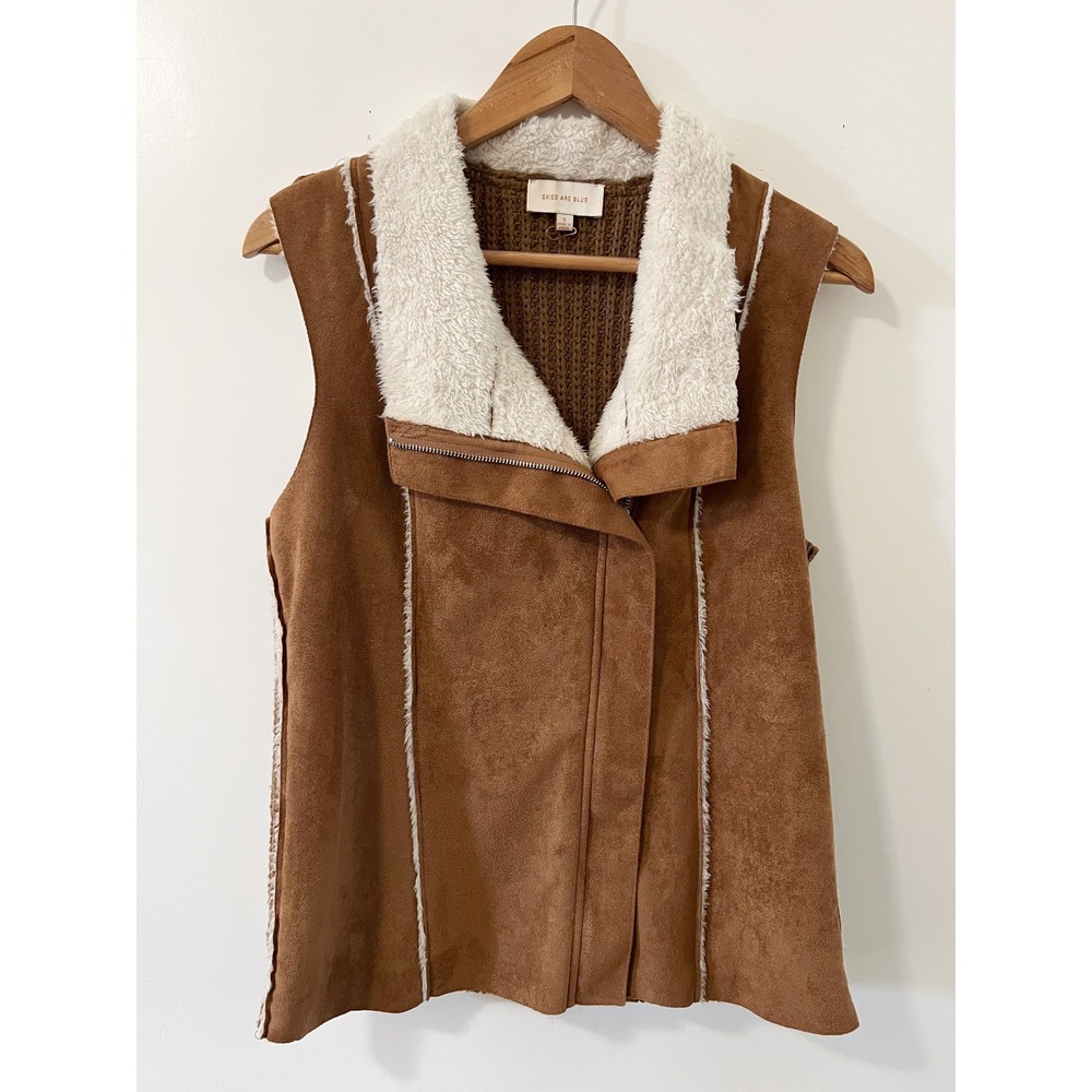 Skies‎ Are Blue Womens Brown Faux Suede Sherpa Knit Moto Vest Small
